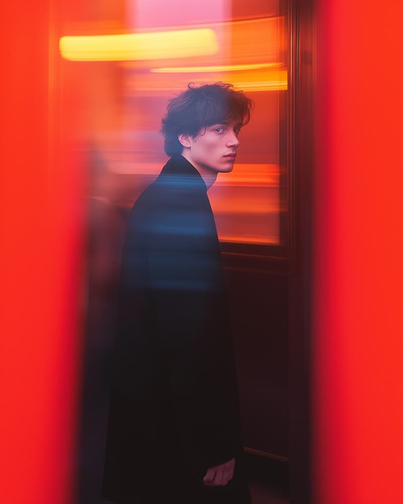Portrait of Alex Frankfurt in a dark coat with red motion blur